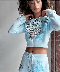 Ed Hardy Snow Leopard Rhinestone Baby Blue Crop Zip Hoodie