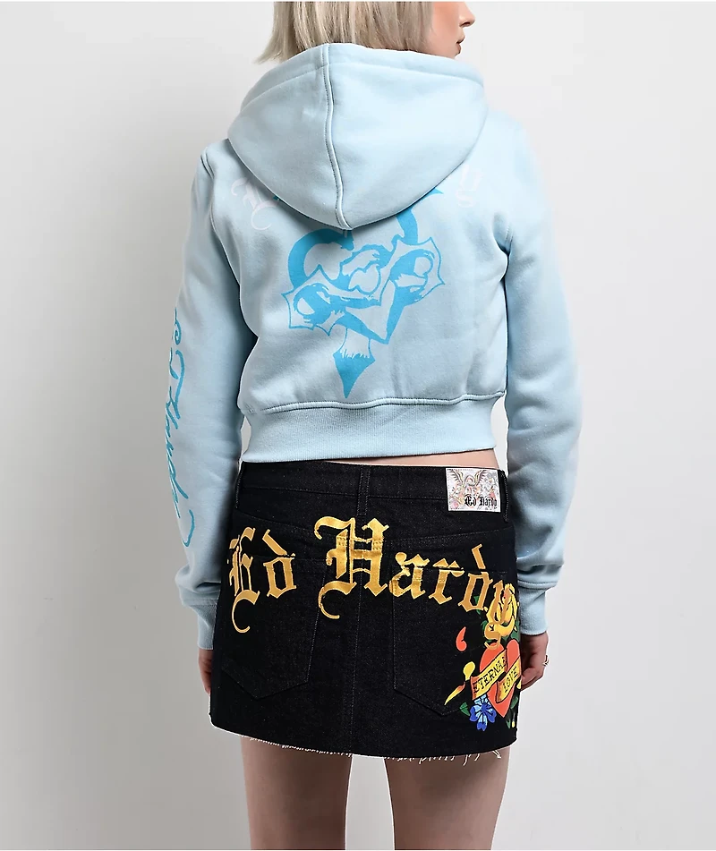 Ed Hardy Snow Leopard Rhinestone Baby Blue Crop Zip Hoodie