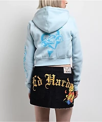 Ed Hardy Snow Leopard Rhinestone Baby Blue Crop Zip Hoodie