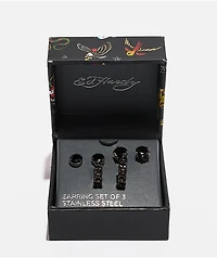 Ed Hardy Stainless Steel Black Stud & Hoop 3-Pack Earring Set