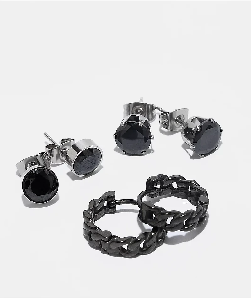 Ed Hardy Stainless Steel Black Stud & Hoop 3-Pack Earring Set