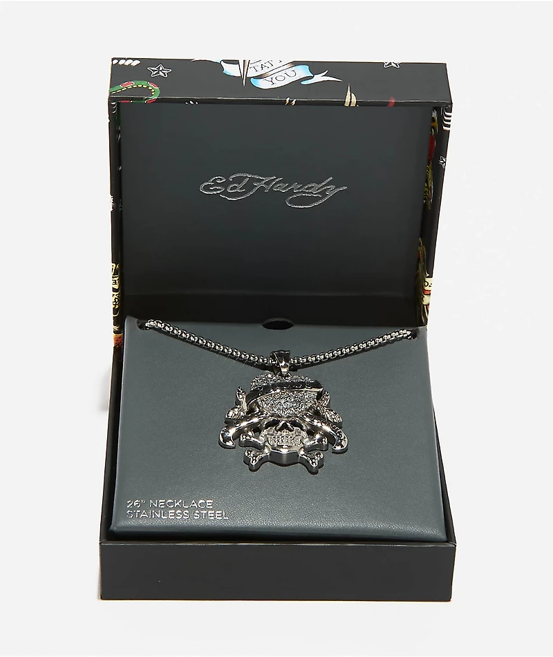 Ed Hardy Stainless Steel Heart & Skull Silver Chain Necklace