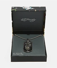 Ed Hardy Stainless Steel Skull Dog Tag Silver Chain Necklace