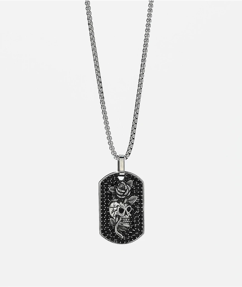 Ed Hardy Stainless Steel Skull Dog Tag Silver Chain Necklace