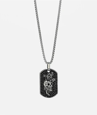 Ed Hardy Stainless Steel Skull Dog Tag Silver Chain Necklace