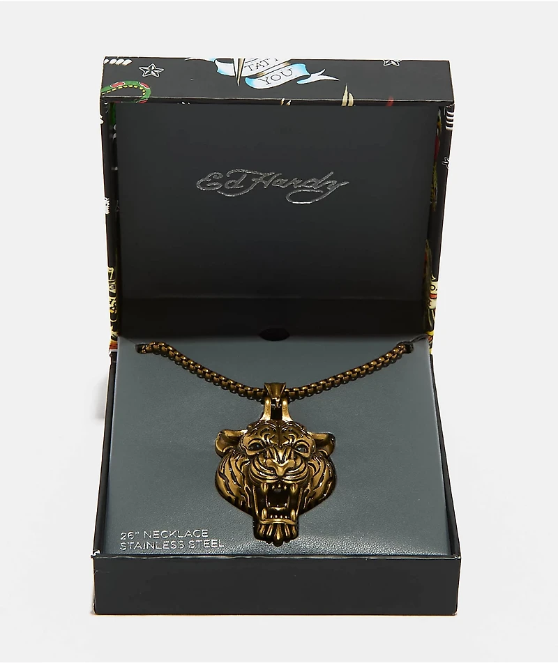 Ed Hardy Stainless Steel Tiger Bronze Chain Necklace