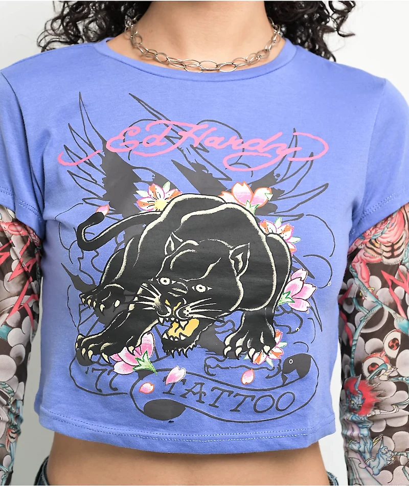 Ed Hardy Swallow 2fer Midnight Long Sleeve Crop T-Shirt