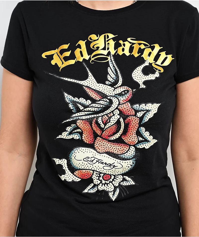Ed Hardy Swallow Rose Black T-Shirt