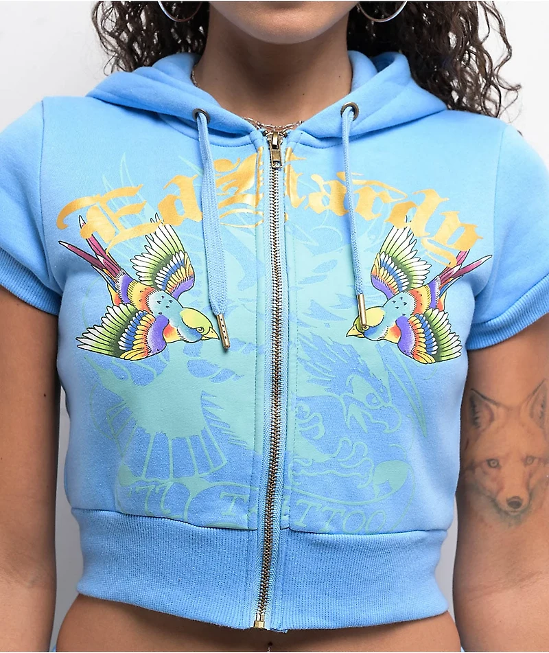 Ed Hardy Swallows Sky Blue Short Sleeve Crop Zip Hoodie