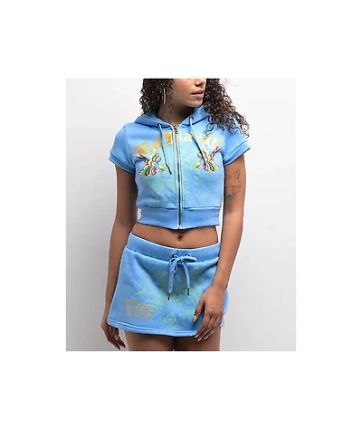 Ed Hardy Swallows Sky Blue Short Sleeve Crop Zip Hoodie