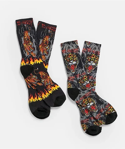 Ed Hardy Tiger Black & Grey 2 Pack Crew Socks