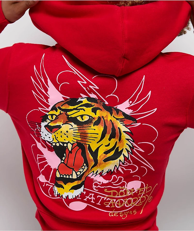 Ed Hardy Tiger Cloud Red Crop Zip Hoodie