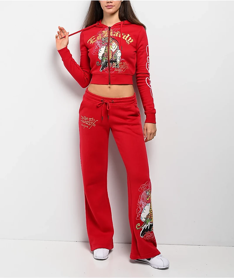 Ed Hardy Tiger Cloud Red Crop Zip Hoodie