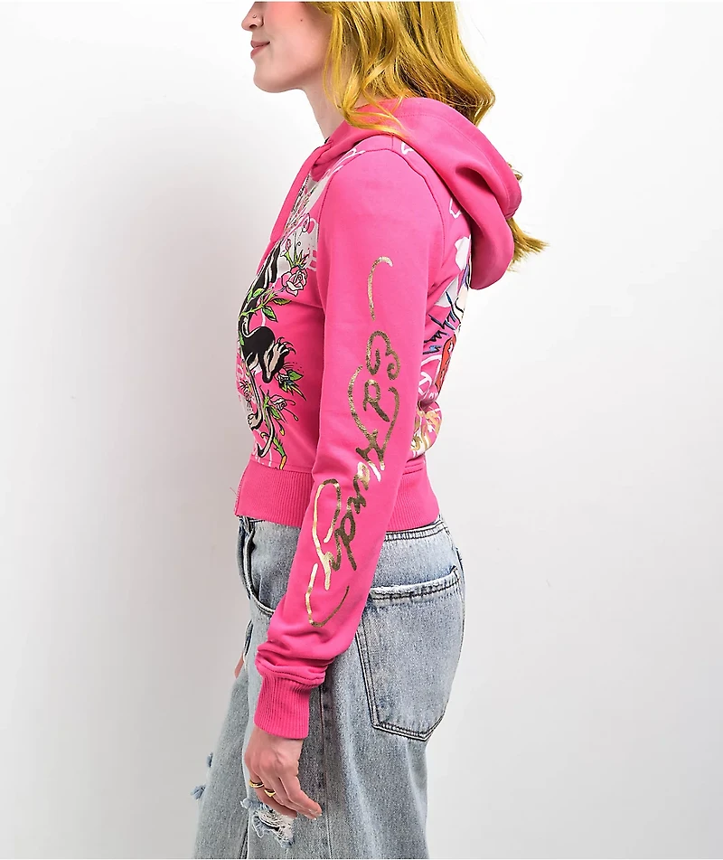 Ed Hardy Tiger Crown Pink Crop Zip Hoodie