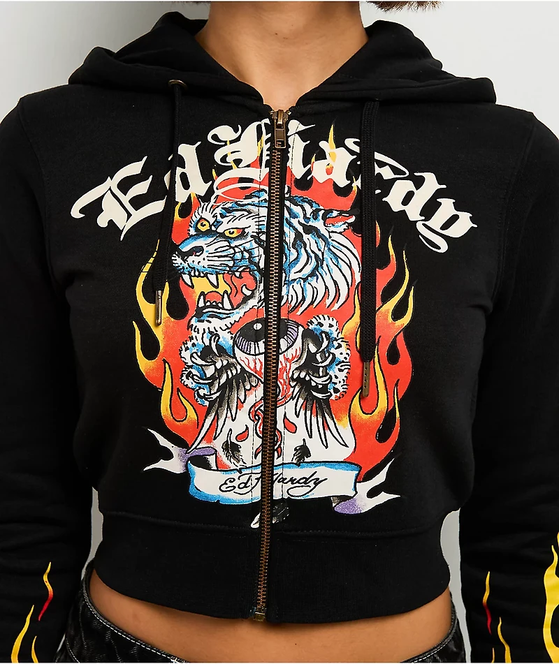 Ed Hardy Tiger Flame Black Crop Zip Hoodie