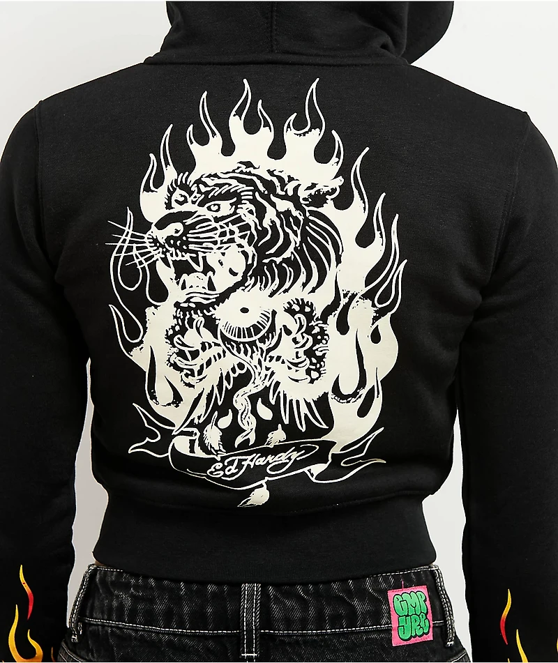 Ed Hardy Tiger Flame Black Crop Zip Hoodie