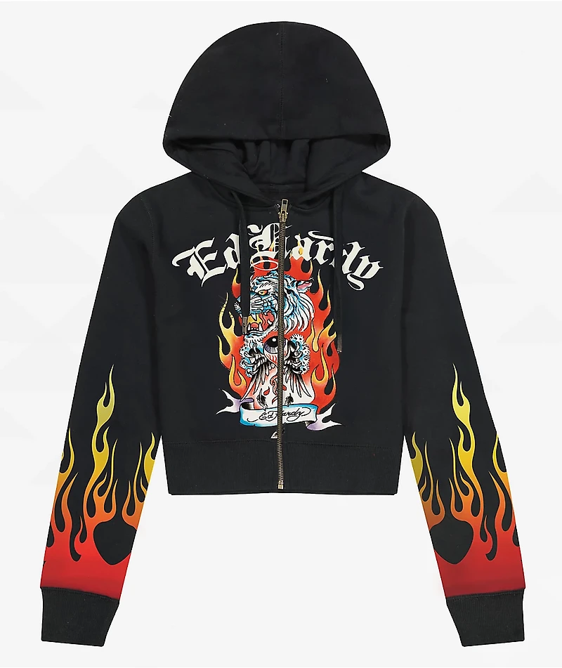 Ed Hardy Tiger Flame Black Crop Zip Hoodie