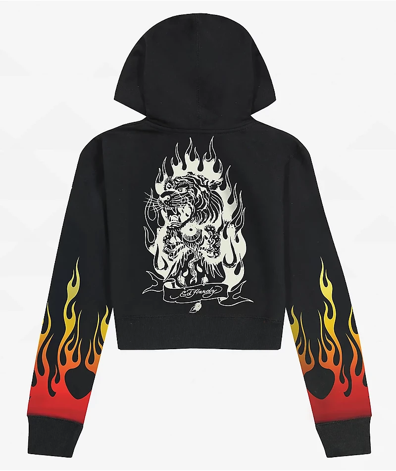 Ed Hardy Tiger Flame Black Crop Zip Hoodie