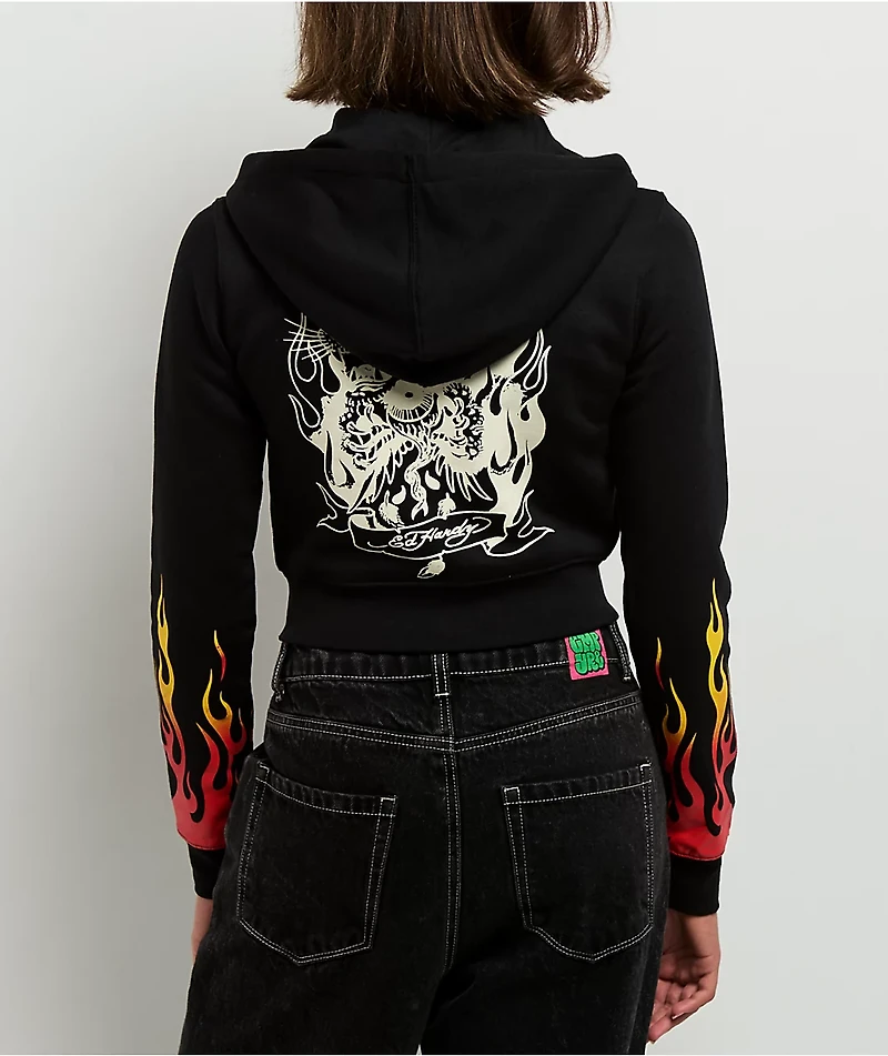 Ed Hardy Tiger Flame Black Crop Zip Hoodie