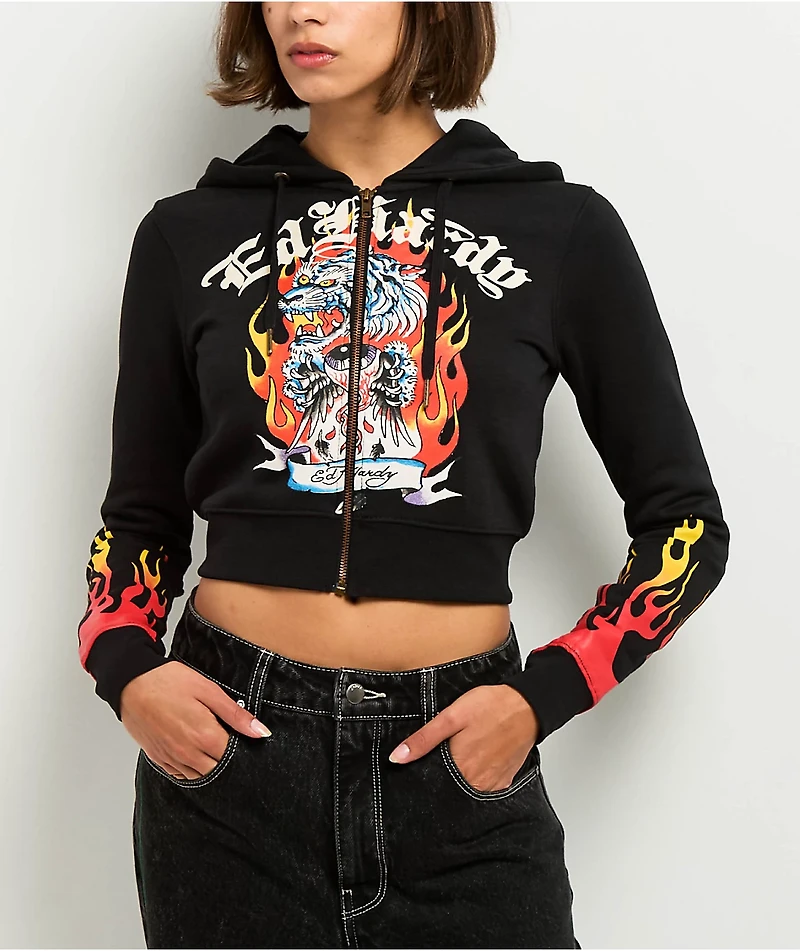 Ed Hardy Tiger Flame Black Crop Zip Hoodie