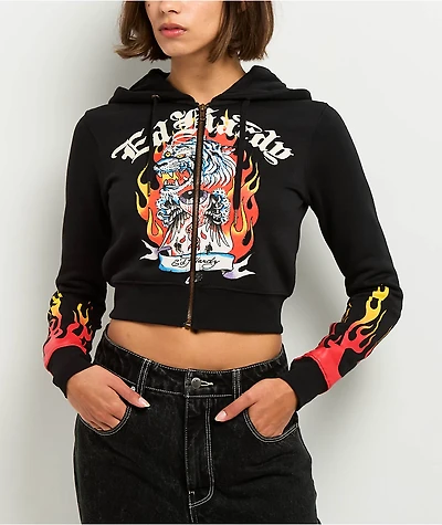 Ed Hardy Tiger Flame Black Crop Zip Hoodie