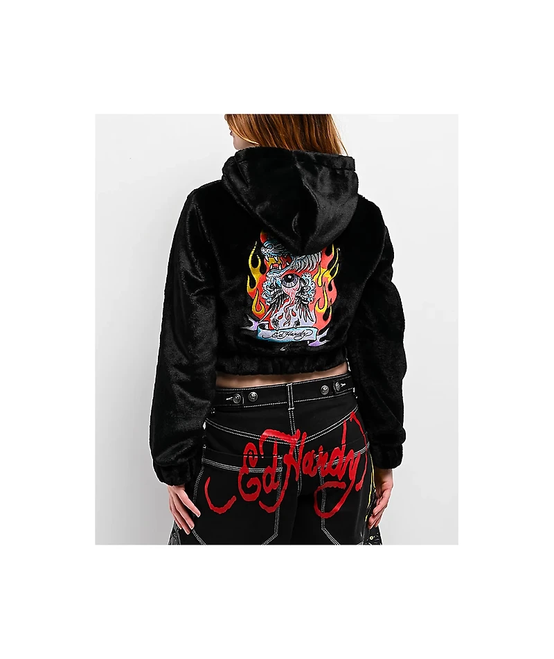 Ed Hardy Tiger Flame Black Plush Zip Hoodie