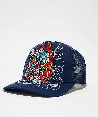 Ed Hardy Tiger Flame Navy Trucker Hat