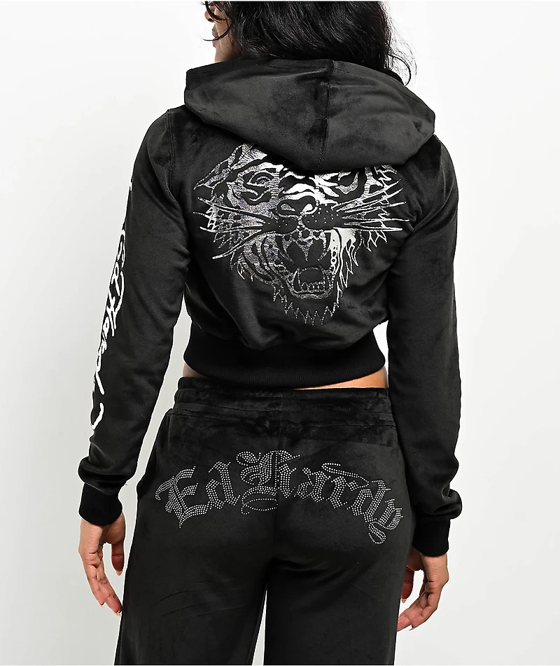 Ed Hardy Tiger Head Black Velour Crop Zip Hoodie