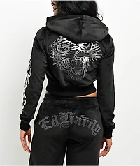 Ed Hardy Tiger Head Black Velour Crop Zip Hoodie