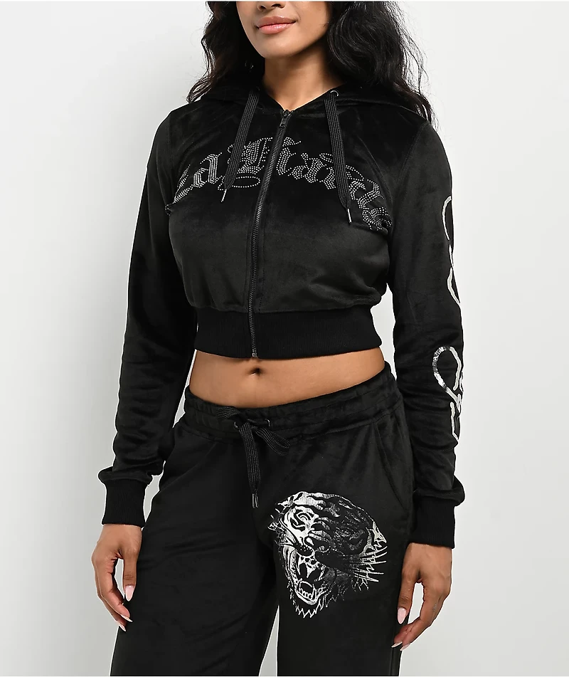 Ed Hardy Tiger Head Black Velour Crop Zip Hoodie