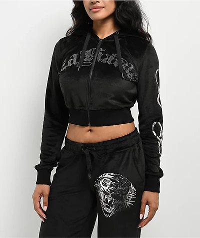 Ed Hardy Tiger Head Black Velour Crop Zip Hoodie