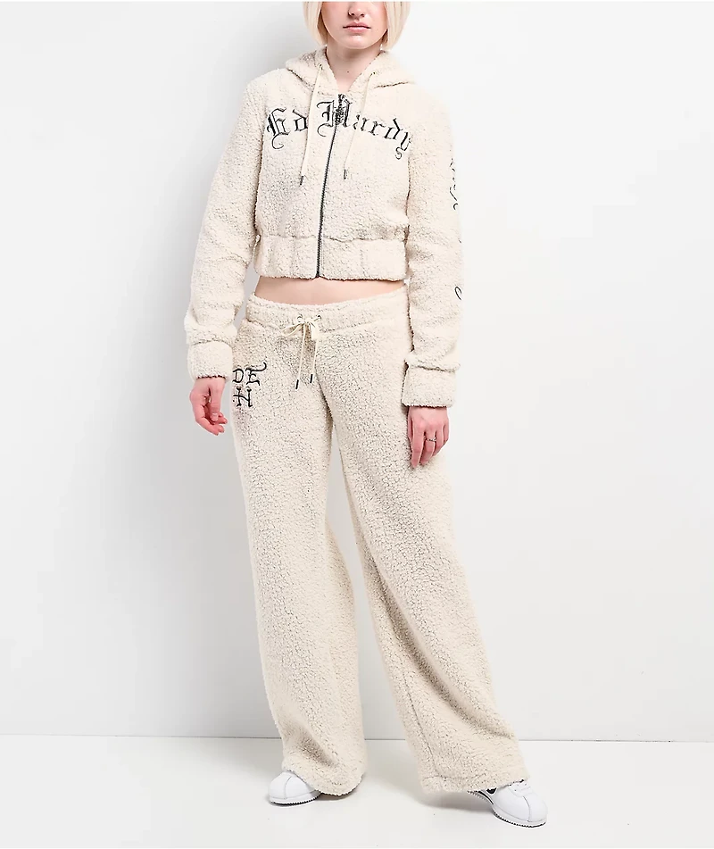 Ed Hardy Tiger Ivory Sherpa Wide Leg Sweatpants