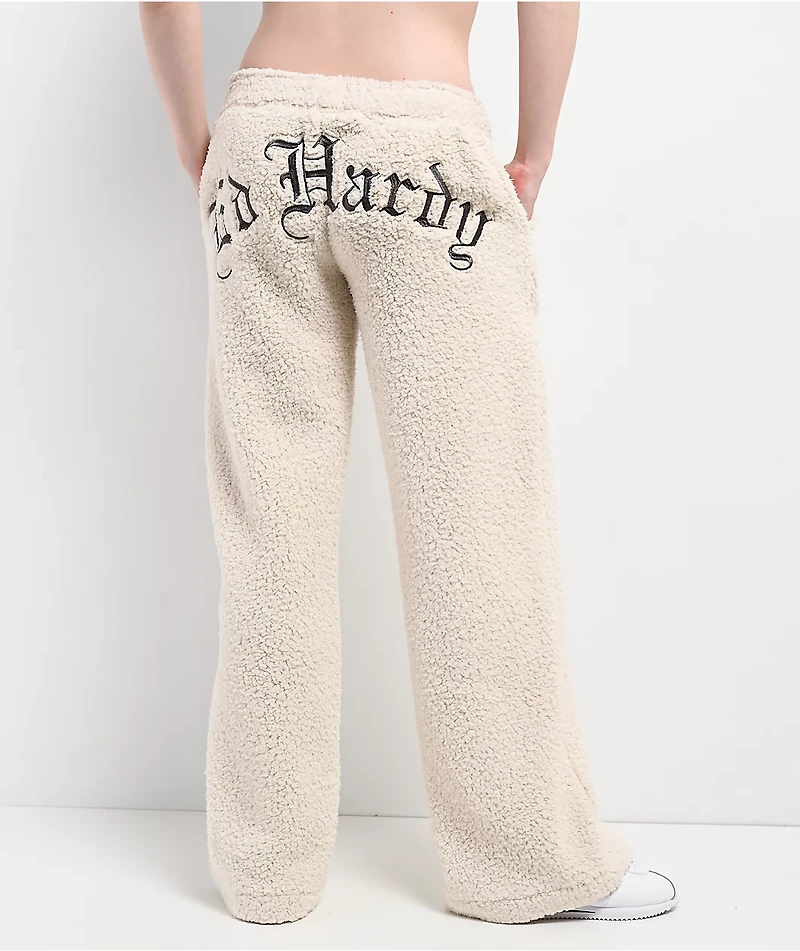 Ed Hardy Tiger Ivory Sherpa Wide Leg Sweatpants