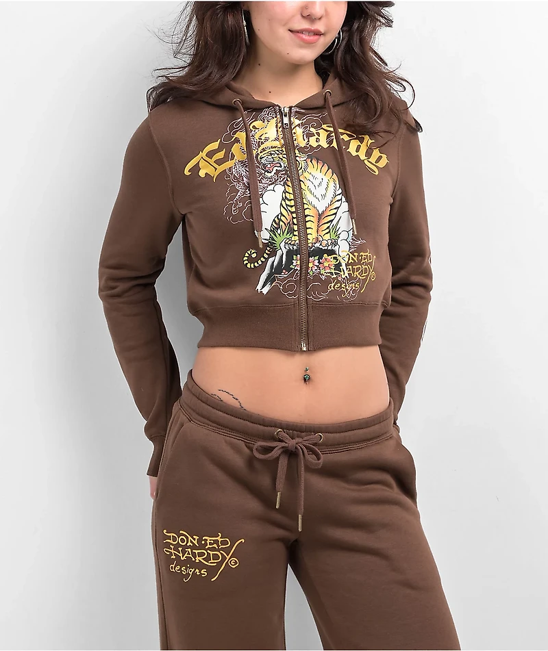 Ed Hardy Tiger Mountain Cocoa Crop Zip Hoodie
