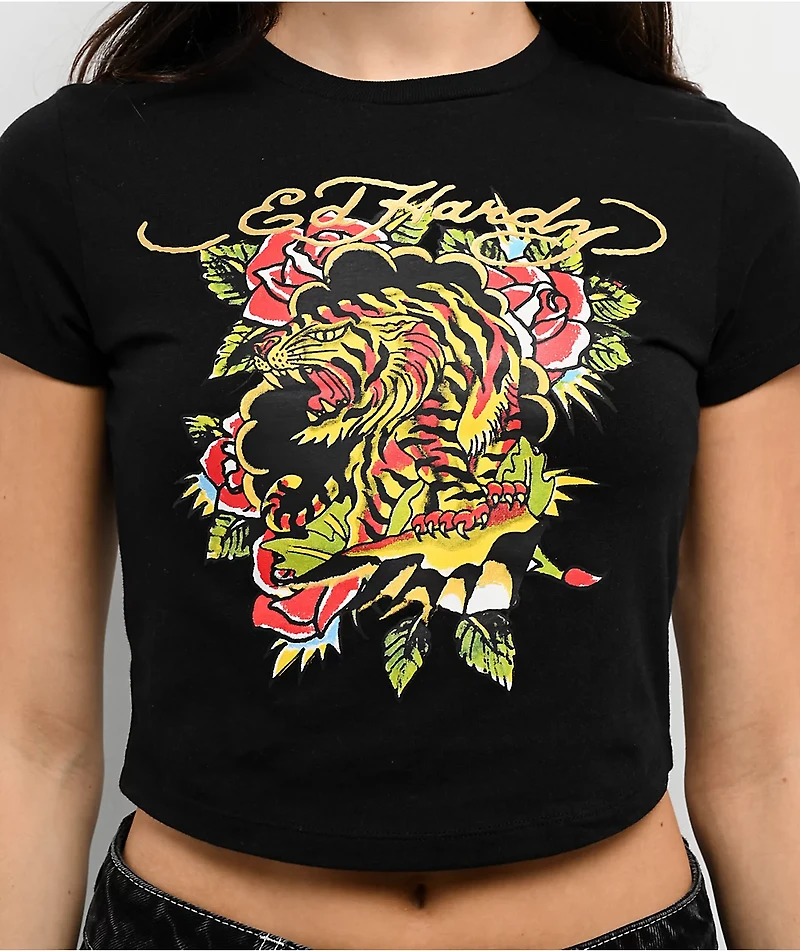 Ed Hardy Tiger Rose Black Crop T-Shirt