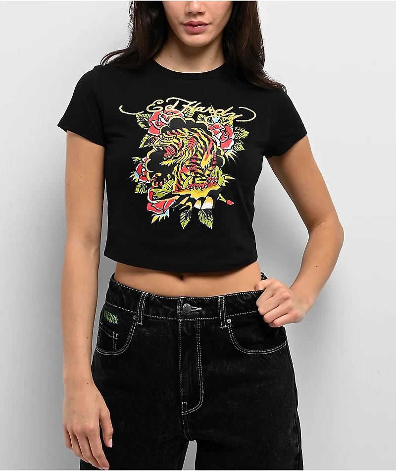 Ed Hardy Tiger Rose Black Crop T-Shirt