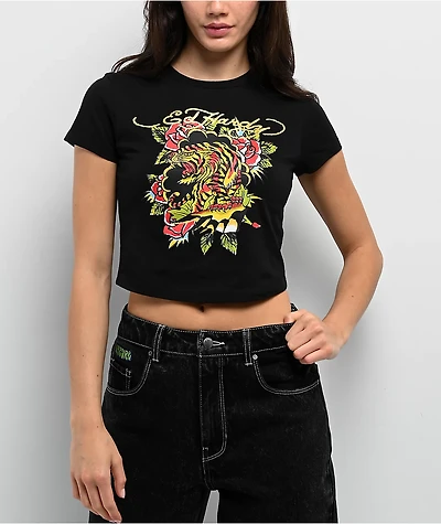 Ed Hardy Tiger Rose Black Crop T-Shirt