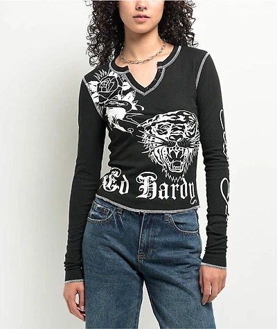 Ed Hardy Tiger Rose Black Thermal Long Sleeve Notched T-Shirt