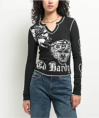 Ed Hardy Tiger Rose Black Thermal Long Sleeve Notched T-Shirt