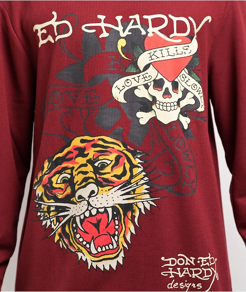 Ed Hardy Tiger Skull Wine Thermal Long Sleeve T-Shirt