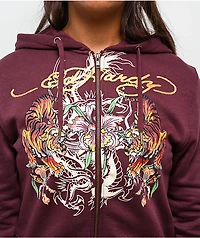 Ed Hardy Tigers Fig Burgundy Boxy Crop Zip Hoodie