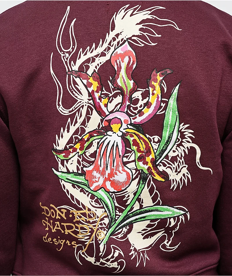Ed Hardy Tigers Fig Burgundy Boxy Crop Zip Hoodie