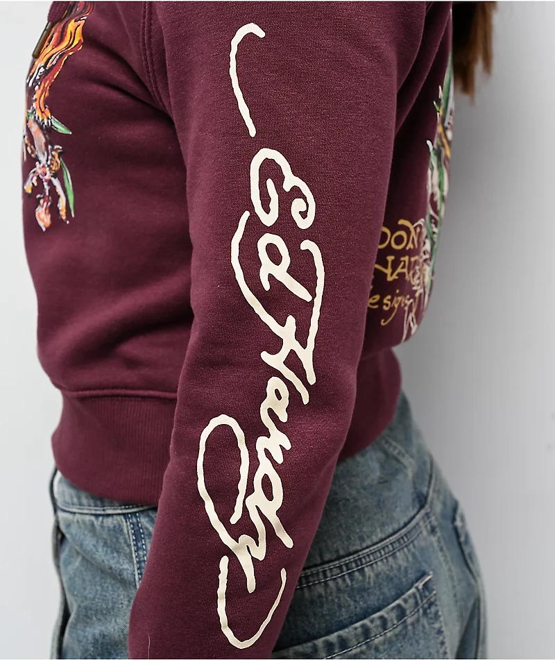 Ed Hardy Tigers Fig Burgundy Boxy Crop Zip Hoodie