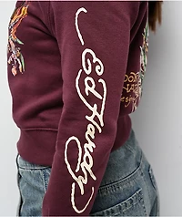 Ed Hardy Tigers Fig Burgundy Boxy Crop Zip Hoodie