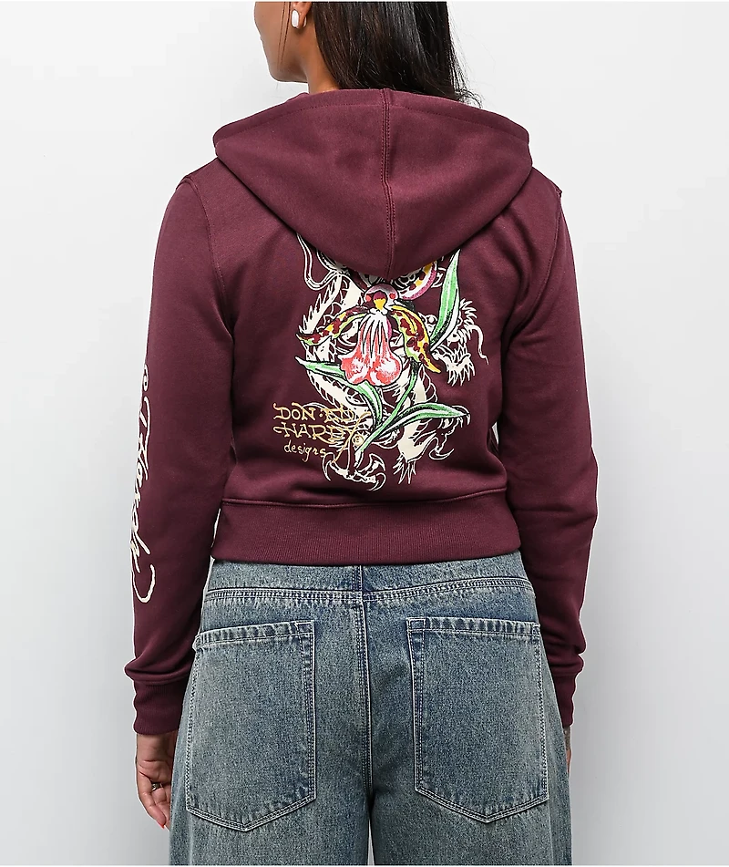 Ed Hardy Tigers Fig Burgundy Boxy Crop Zip Hoodie