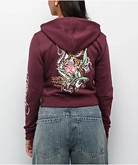 Ed Hardy Tigers Fig Burgundy Boxy Crop Zip Hoodie