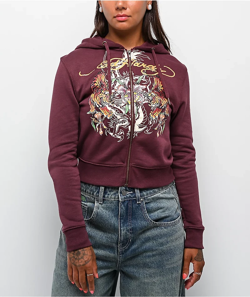 Ed Hardy Tigers Fig Burgundy Boxy Crop Zip Hoodie
