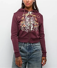 Ed Hardy Tigers Fig Burgundy Boxy Crop Zip Hoodie