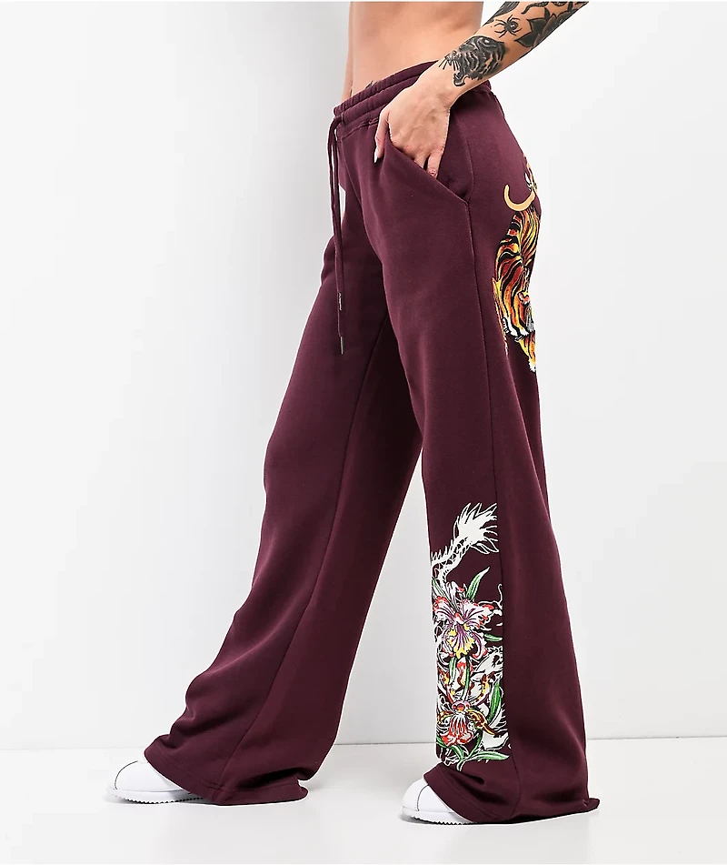 Ed Hardy Tigers Fig Red Wide Leg Sweatpants