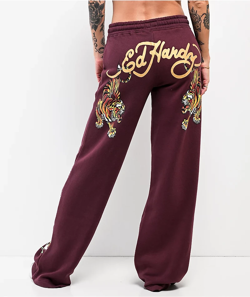 Ed Hardy Tigers Fig Red Wide Leg Sweatpants